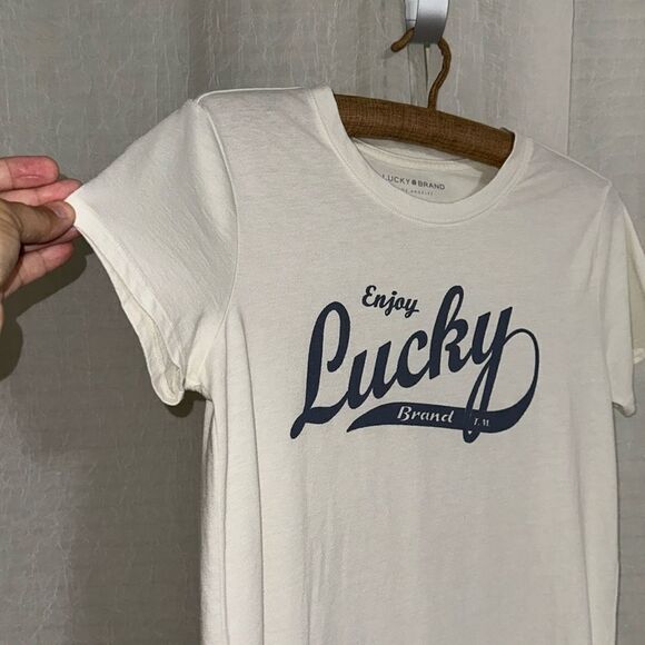 Lucky Brand S Ivory Classic Navy Logo Short Sleeve Tee Cloud Dancer - Picture 5 of 11